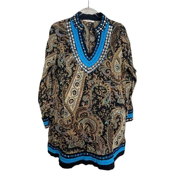 Soft Surroundings‎ M Embellished Sheath Turquoise Black Brown Paisley Mini Dress - Picture 1 of 8